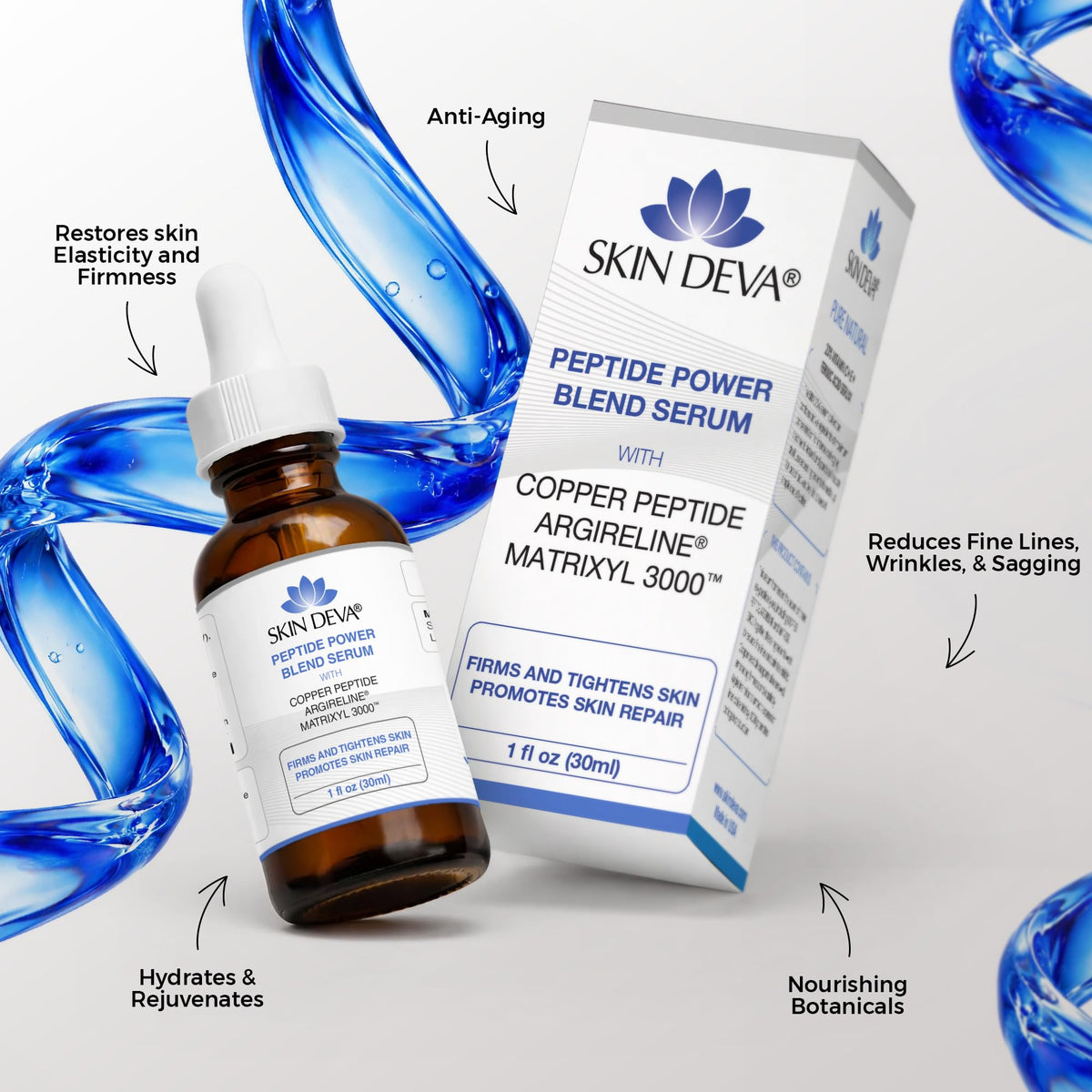 Skin Deva Copper Peptide Serum bottle-dispense close-up shows easy, mess-free application.