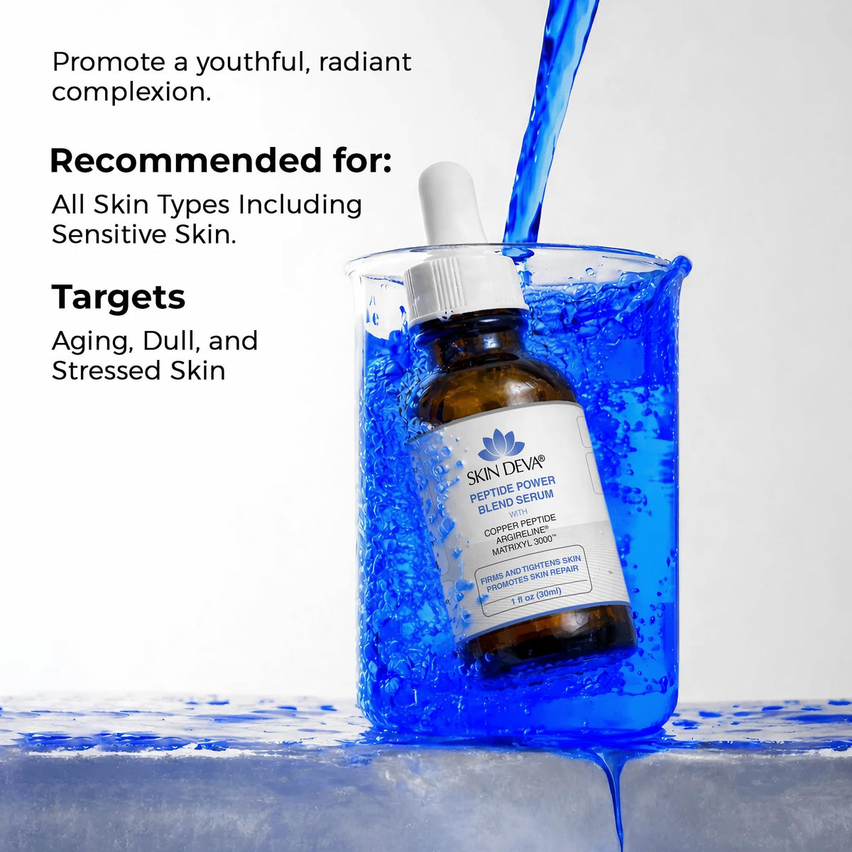 Skin Deva Copper Peptide Serum ingredients close-up highlight niacinamide and ceramides for balanced hydration.