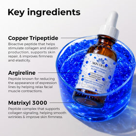 Skin Deva Copper Peptide Serum texture close-up reveals a silky, non-greasy feel for makeup-ready skin.