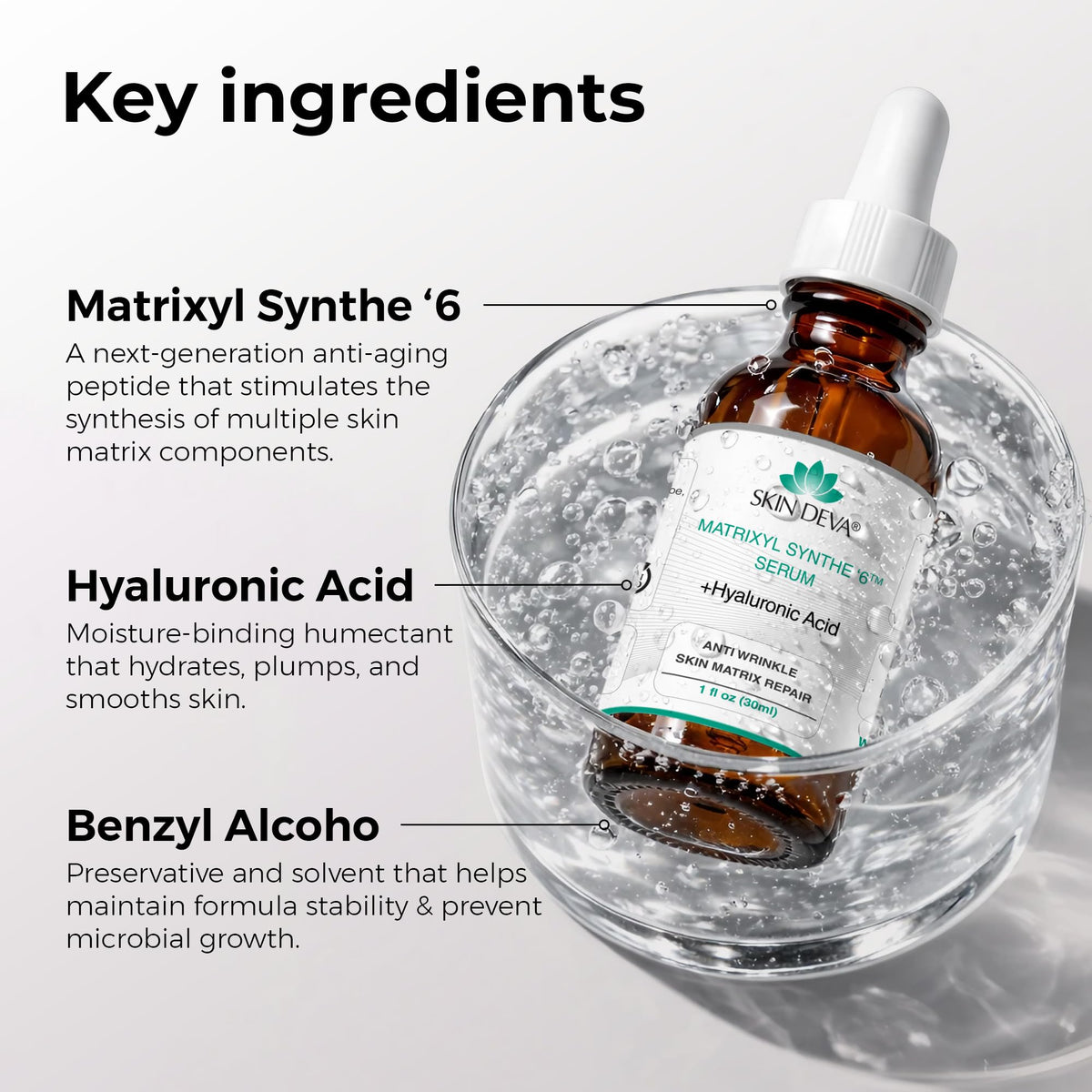 SKIN DEVA Hyaluronic acid serum closeup shows hydrated, plump-looking skin.