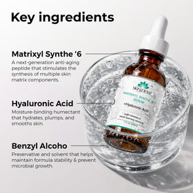 SKIN DEVA Hyaluronic acid serum closeup shows hydrated, plump-looking skin.
