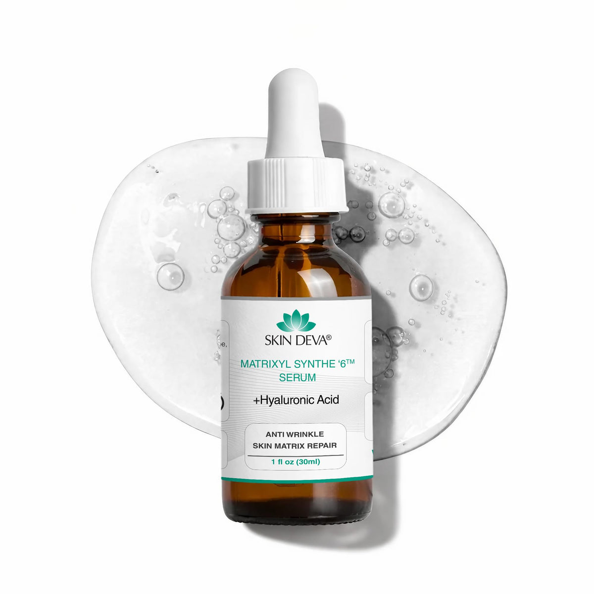 SKIN DEVA Matrixyl Synthe6 serum bottle highlights premium peptide formula for smoother skin.