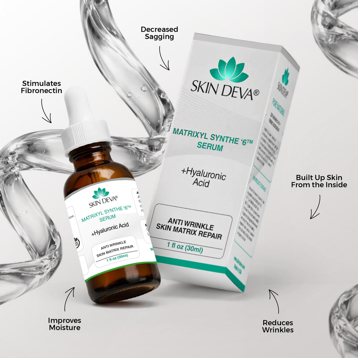 SKIN DEVA Matrixyl Synthe6 serum dropper enables precise, mess-free applications.