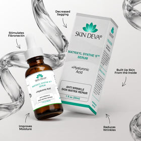 SKIN DEVA Matrixyl Synthe6 serum dropper enables precise, mess-free applications.