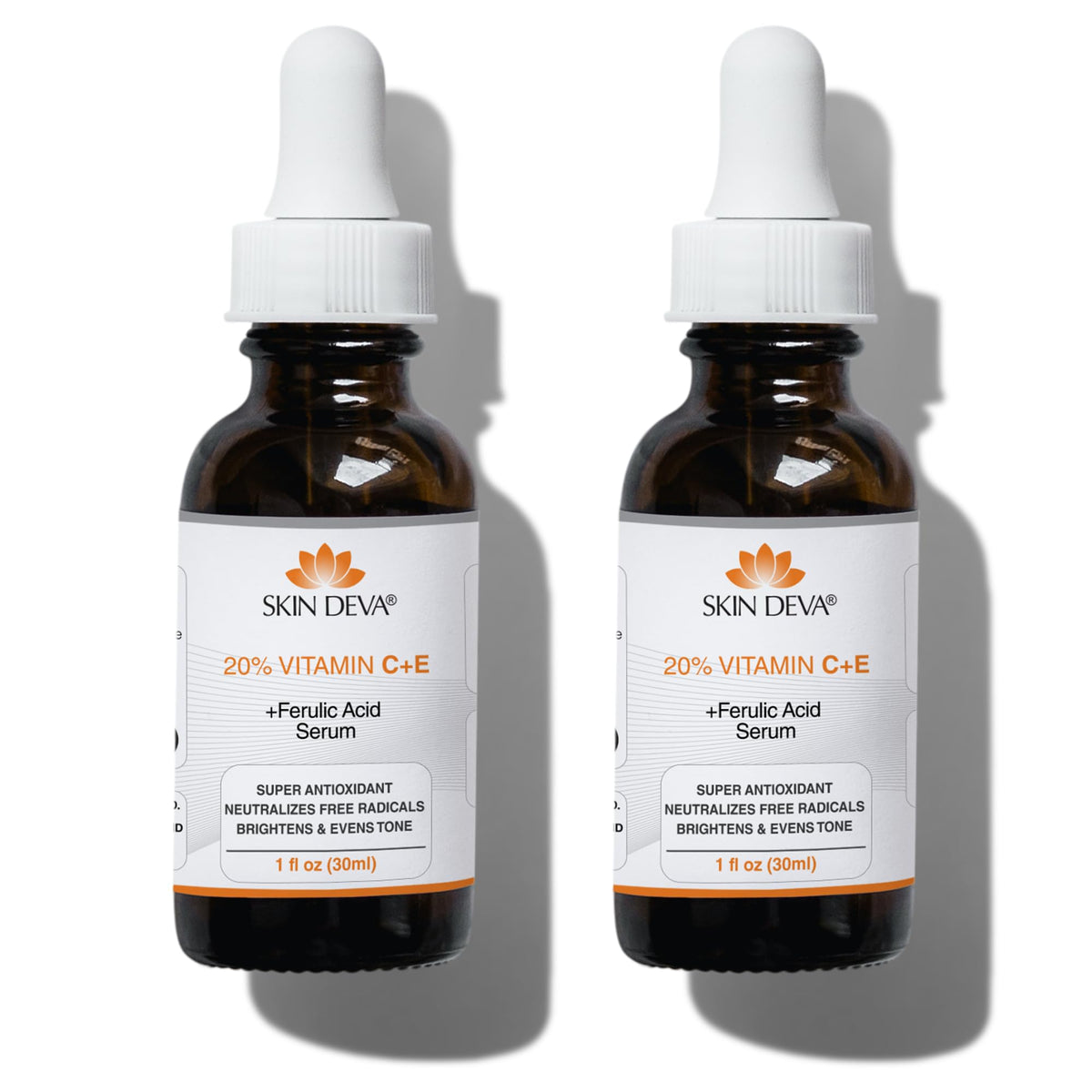 Skin Deva 20% Vitamin C Serum bottle close-up highlighting brightening formula.