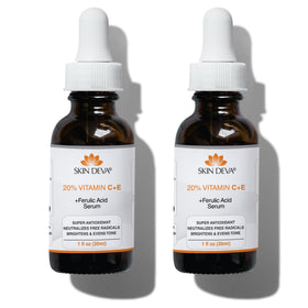 Skin Deva 20% Vitamin C Serum bottle close-up highlighting brightening formula.
