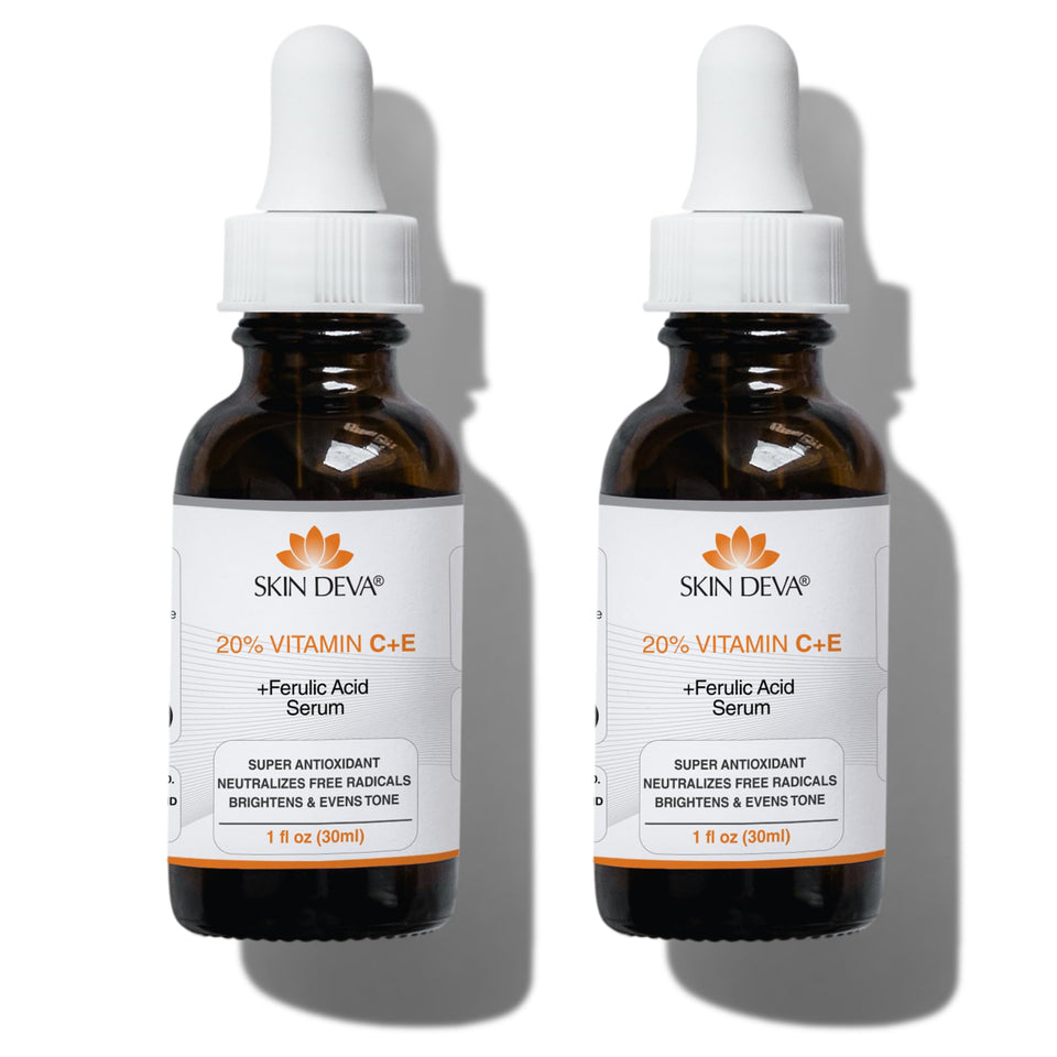 Skin Deva 20% Vitamin C Serum bottle close-up highlighting brightening formula.