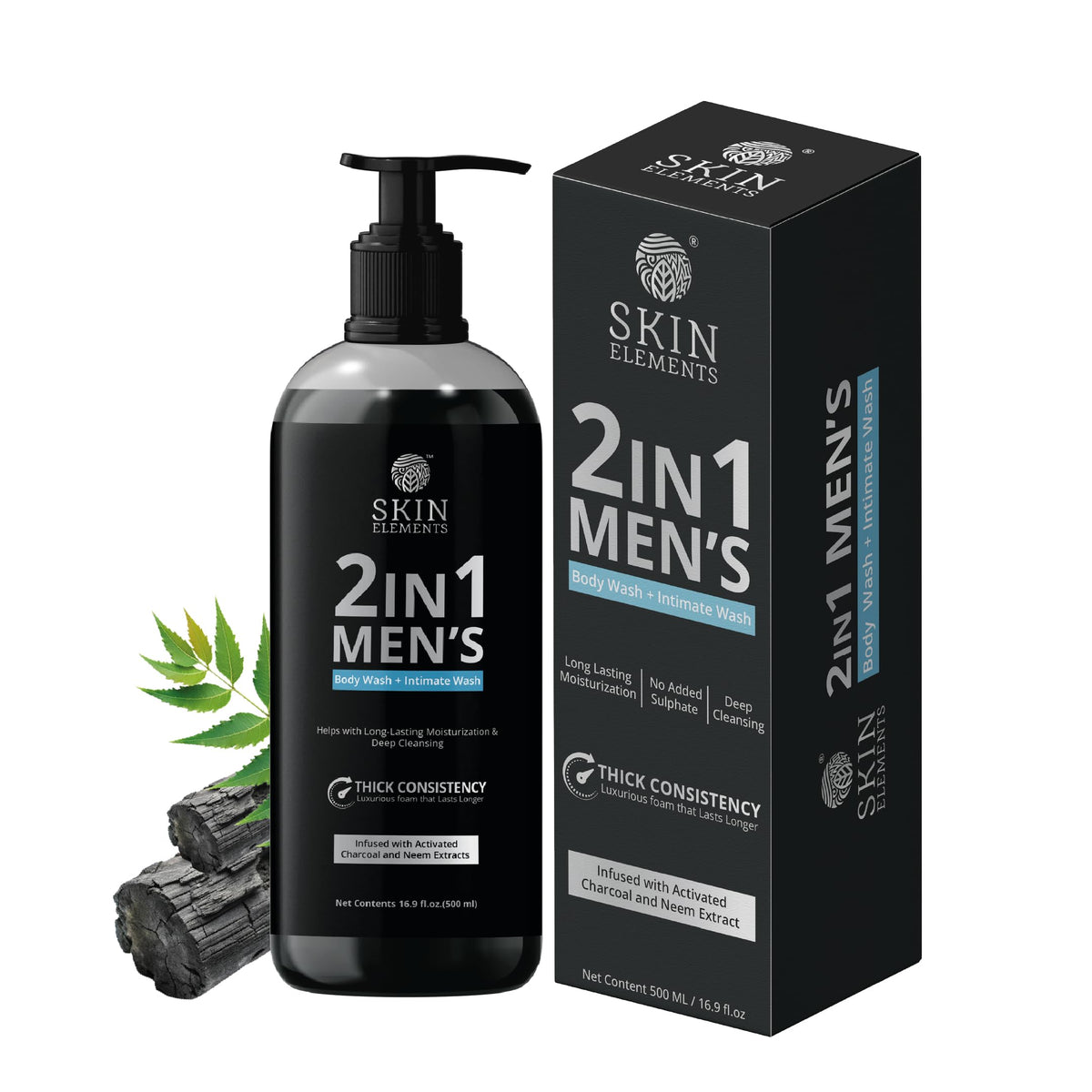 Skin Elements 2-in-1 body wash bottle for quick daily cleansing.
