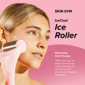 Skin Gym IceCool Ice Roller barrel closeup showing a soothing stainless surface.