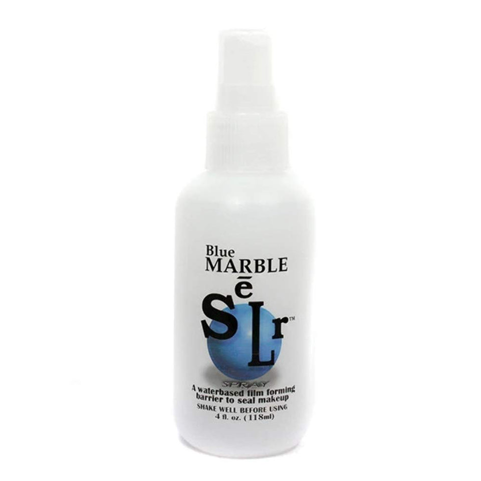 Skin Illustrator Blue Marble bottle pour demonstrates quick sealing for stage makeup durability.