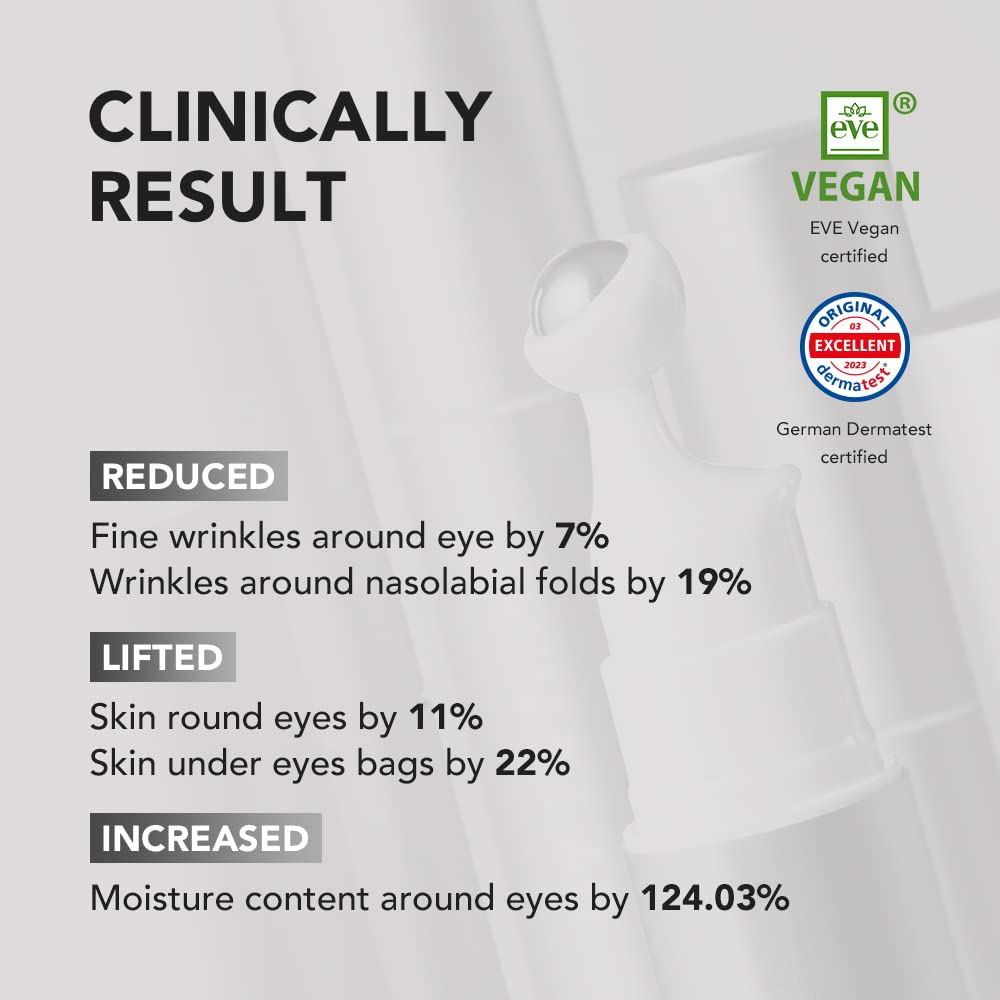 Dermatologist-tested vegan eye serum with cruelty-free badge.