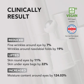 Dermatologist-tested vegan eye serum with cruelty-free badge.
