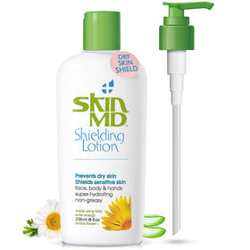Skin MD Natural Shielding Lotion bottle with pump provides quick hydration for sensitive skin.
