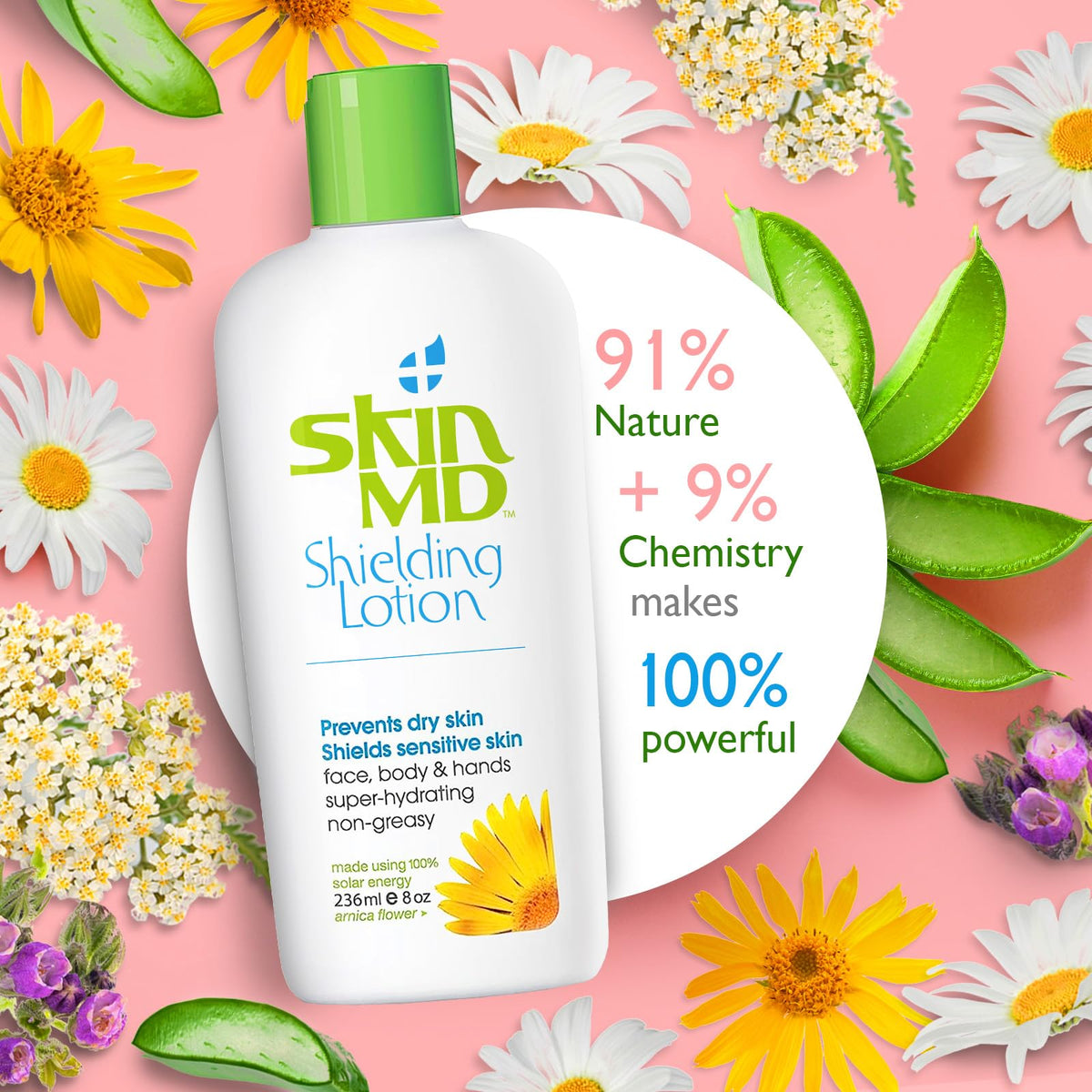 Skin MD Natural Shielding Lotion plant-based ingredients panel highlights Aloe Vera and Chamomile.