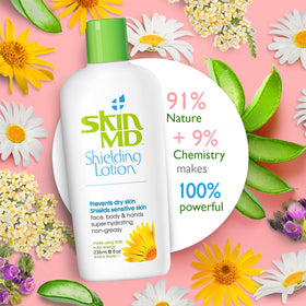Skin MD Natural Shielding Lotion plant-based ingredients panel highlights Aloe Vera and Chamomile.