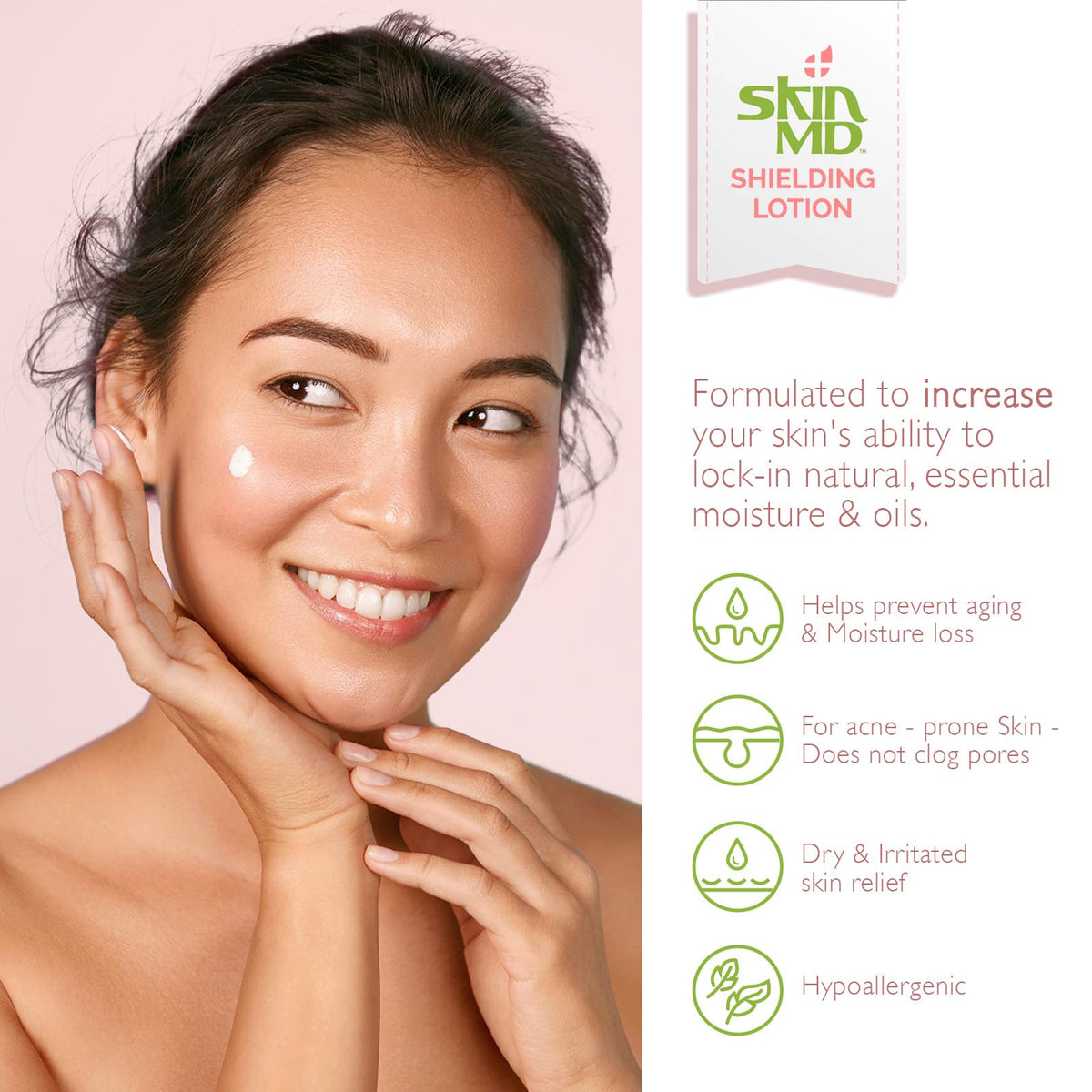 Skin MD Natural Shielding Lotion texture shows fast absorption into dry skin areas.