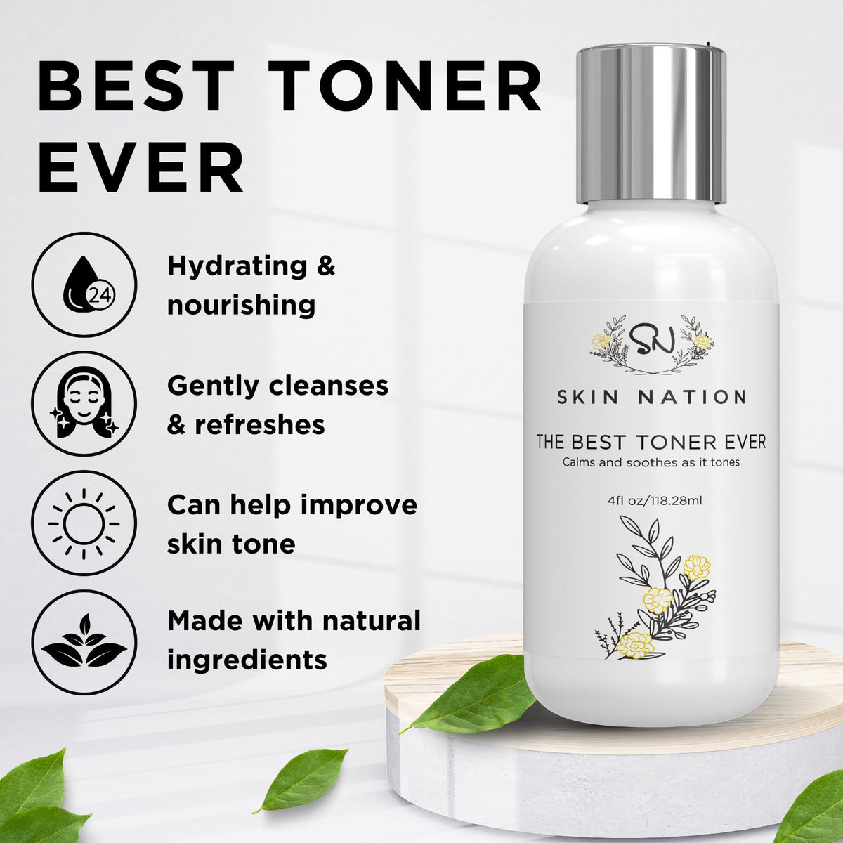 Skin Nation Aloe Vera Chamomile Toner label emphasizes soothing, gentle care for sensitive skin.