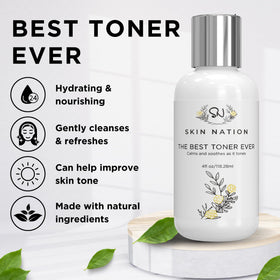 Skin Nation Aloe Vera Chamomile Toner label emphasizes soothing, gentle care for sensitive skin.