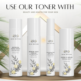 Skin Nation Cucumber Refresh Toner application reveals revived skin and prepared base for serums.