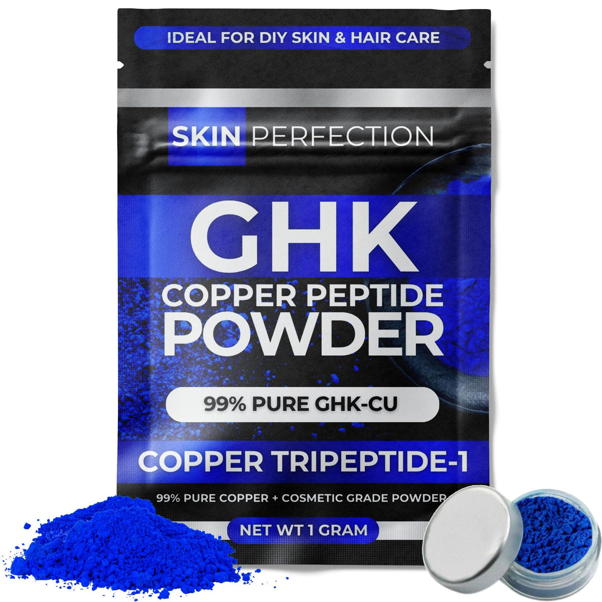 Skin Perfection GHK-Cu powder jar front for pure DIY skin and hair care.