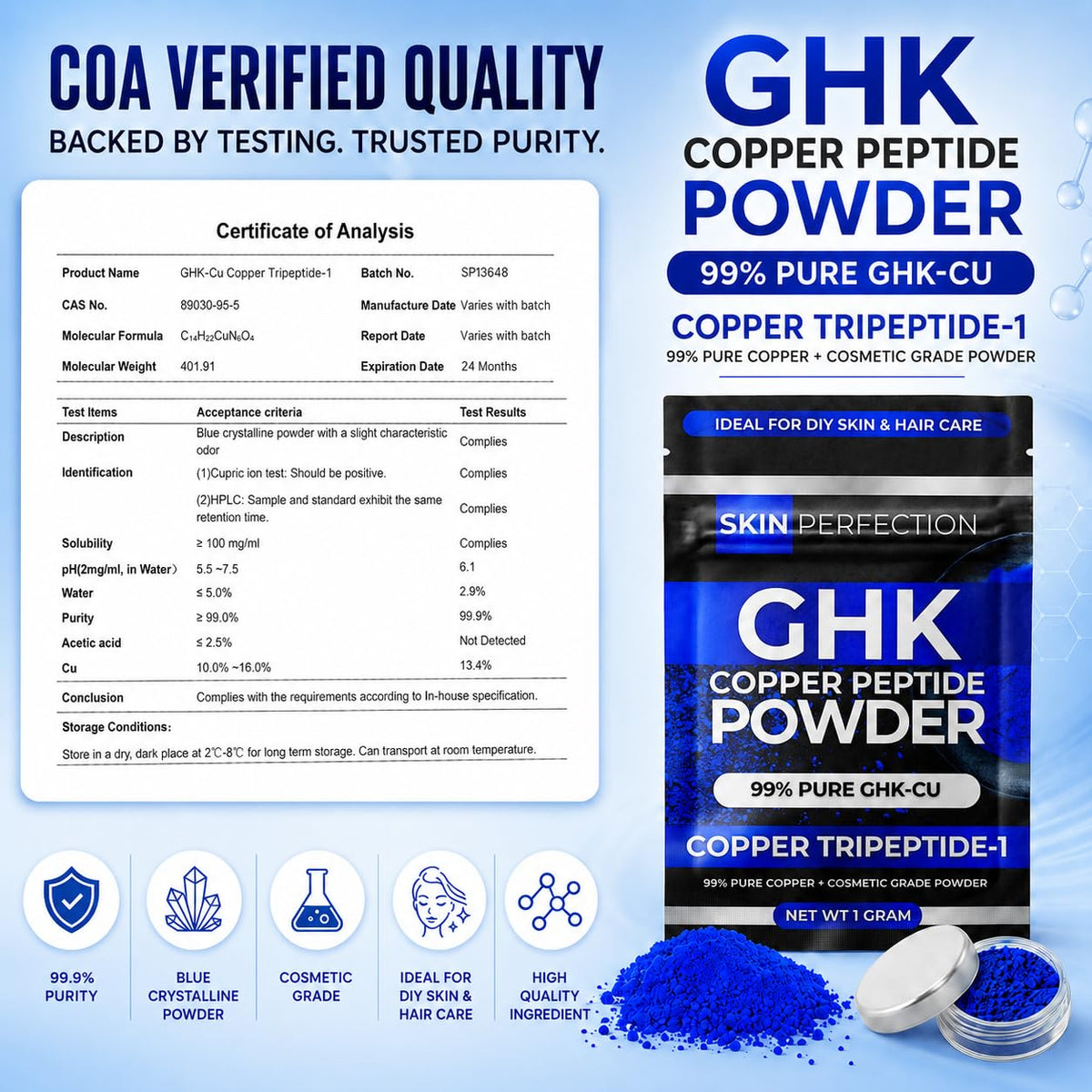 Skin Perfection GHK-Cu powder packaging closeup highlighting cosmetic-grade purity.