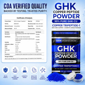 Skin Perfection GHK-Cu powder packaging closeup highlighting cosmetic-grade purity.