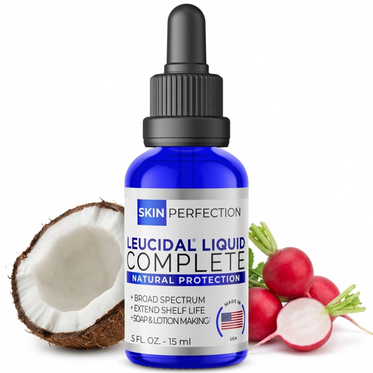 Skin Perfection Leucidal Complete bottle close-up, showcasing natural preservative for DIY skincare.