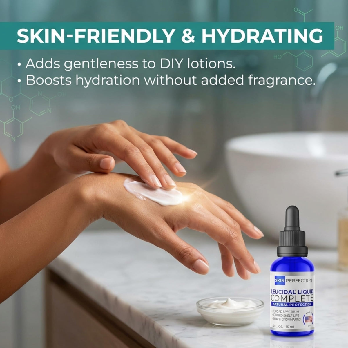 Skin Perfection Leucidal Complete liquid texture close-up highlighting gentle, skin-friendly formulation.
