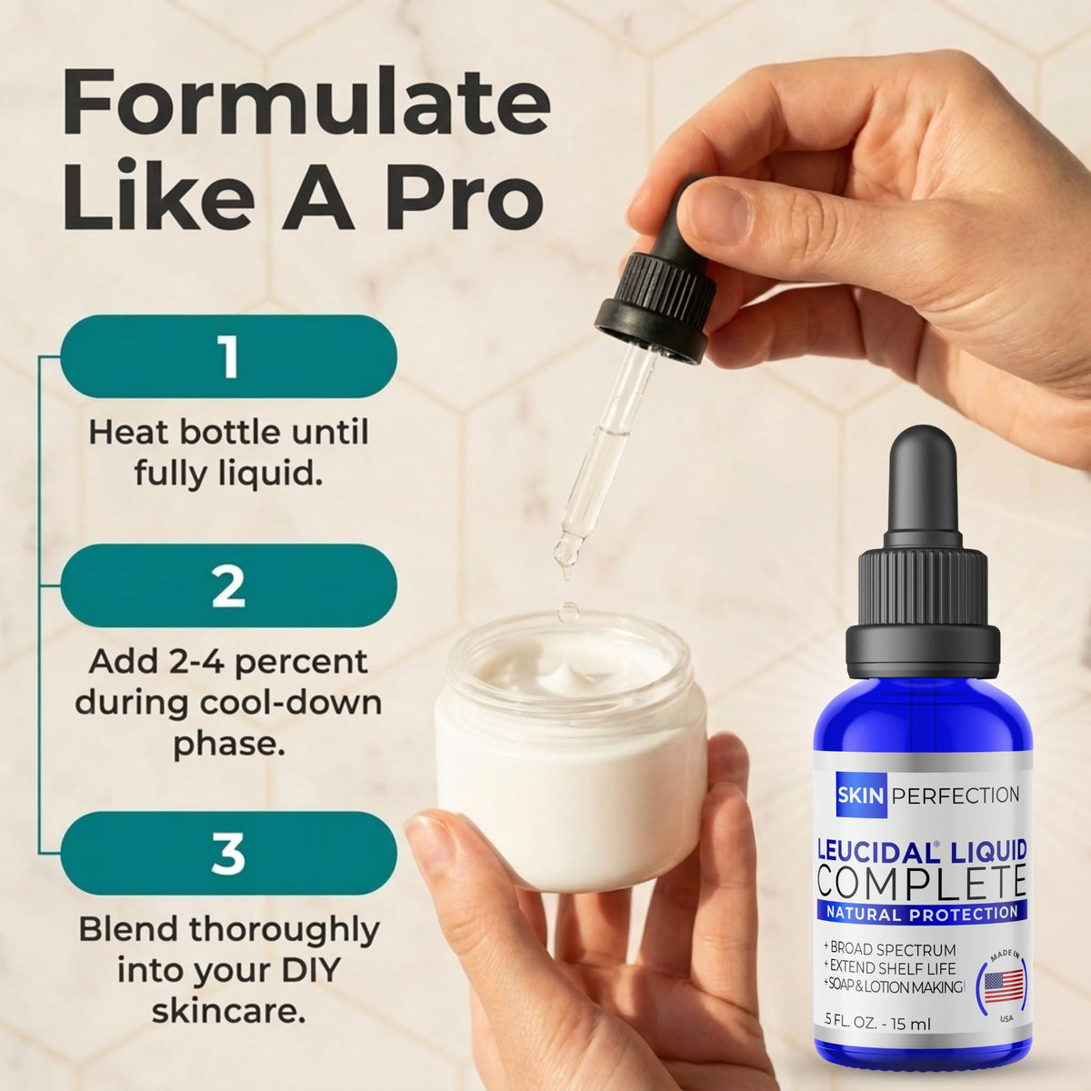 Skin Perfection Leucidal Complete product shot illustrating broad compatibility with lotions and toners.