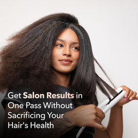 SRILabs StyleQ flat iron showing negative ions reducing frizz and sealing moisture