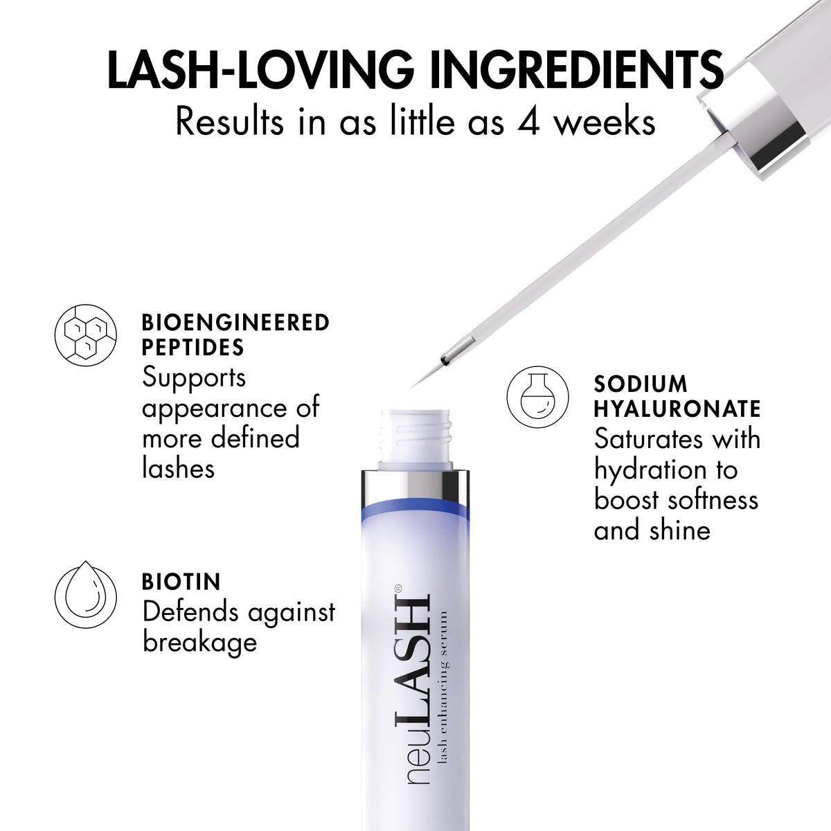 Close-up of neuLASH applicator brush applying at lash base for enhanced appearance.