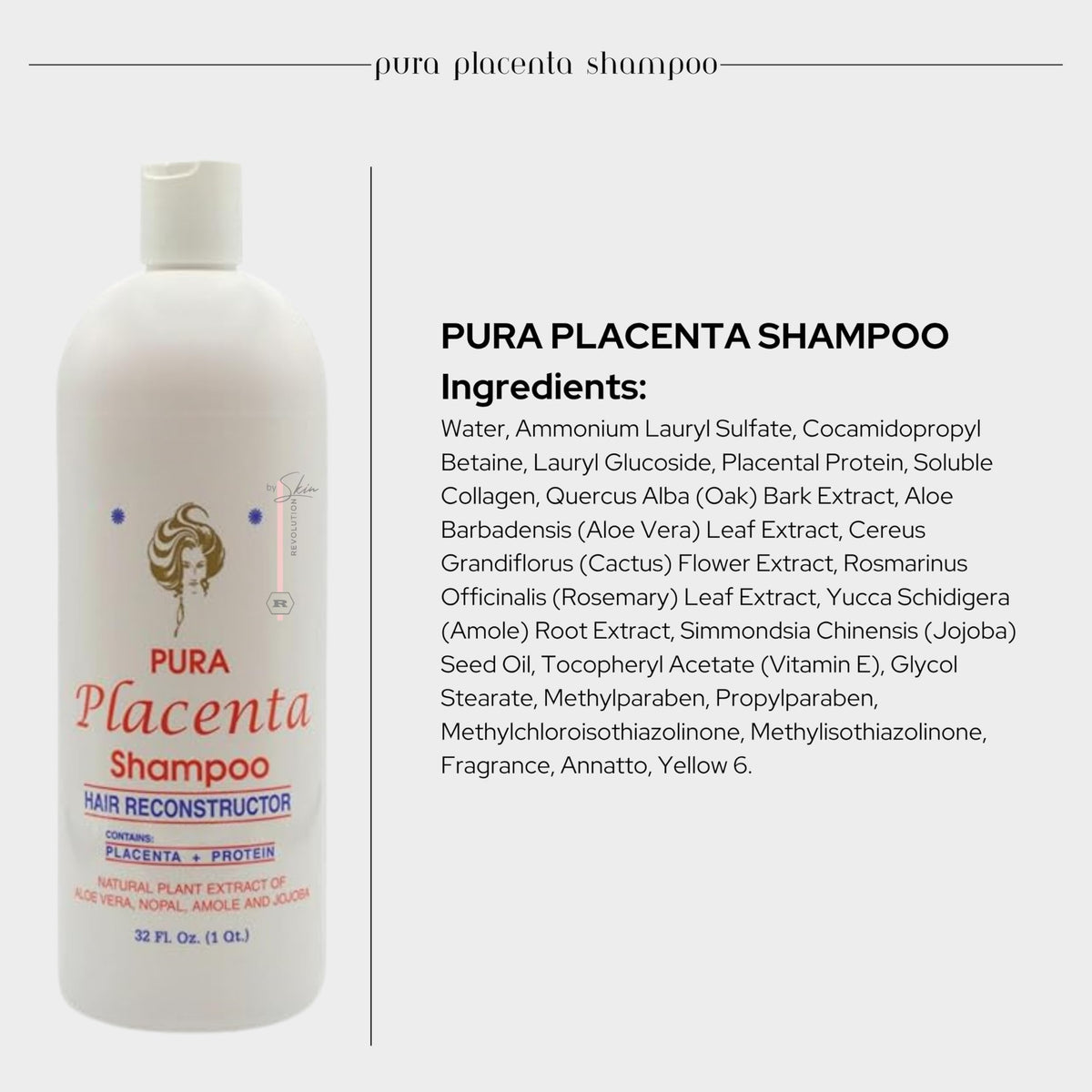 Skin Revolution Cabellina Pura Placenta Reconstructor label shows ingredients for healthier strands.