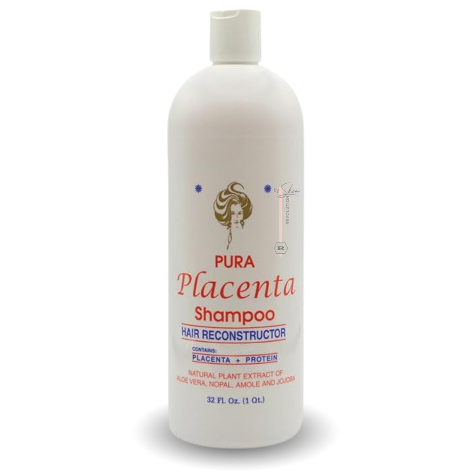 Skin Revolution Cabellina Pura Shampoo bottle highlighting placenta-based nourishment for stronger hair