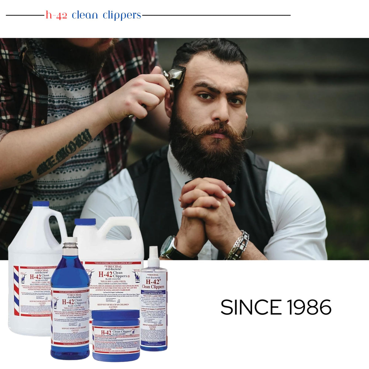 H-42 cleaner bottle used between clients in a busy barbershop