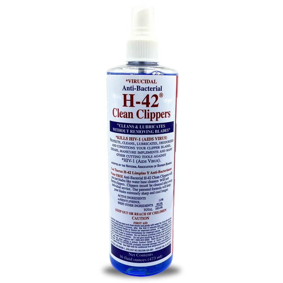 Skin Revolution H-42 Clipper Cleaner spray bottle in use, waterless protection reduces rust risk.