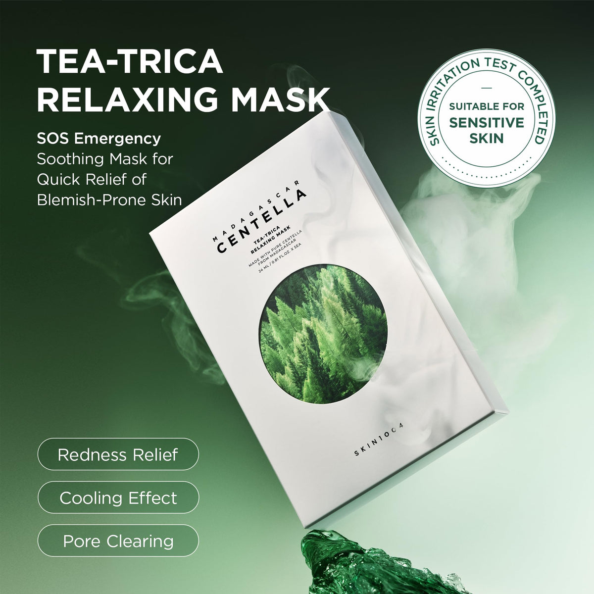 SKIN1004 mask-on-face demonstrates cooling and calming relief for blemish-prone skin