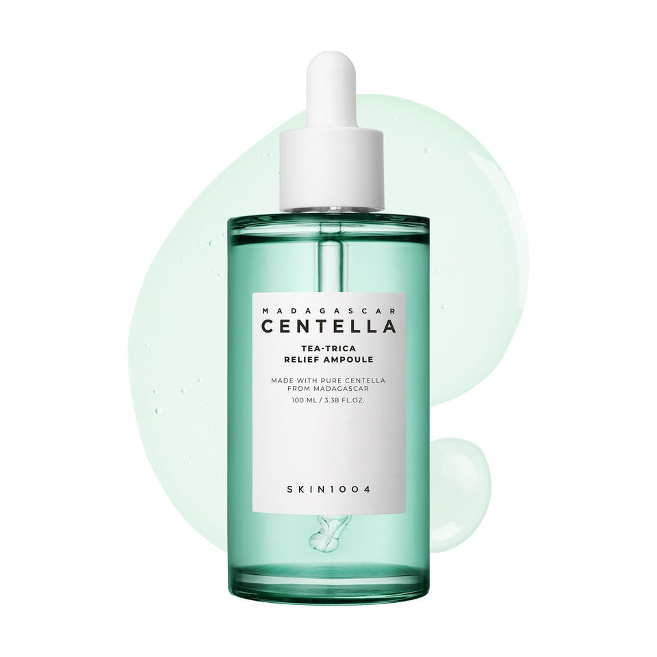 SKIN1004 Tea-Trica Relief Ampoule bottle shows calming centella and tea tree for sensitive skin
