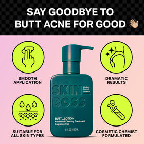 SKINBOSS body acne lotion applied to back and thigh area for clearer skin