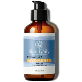 SkinDaily Niacinamide Serum bottle close-up, pore-minimizing formula in amber glass.
