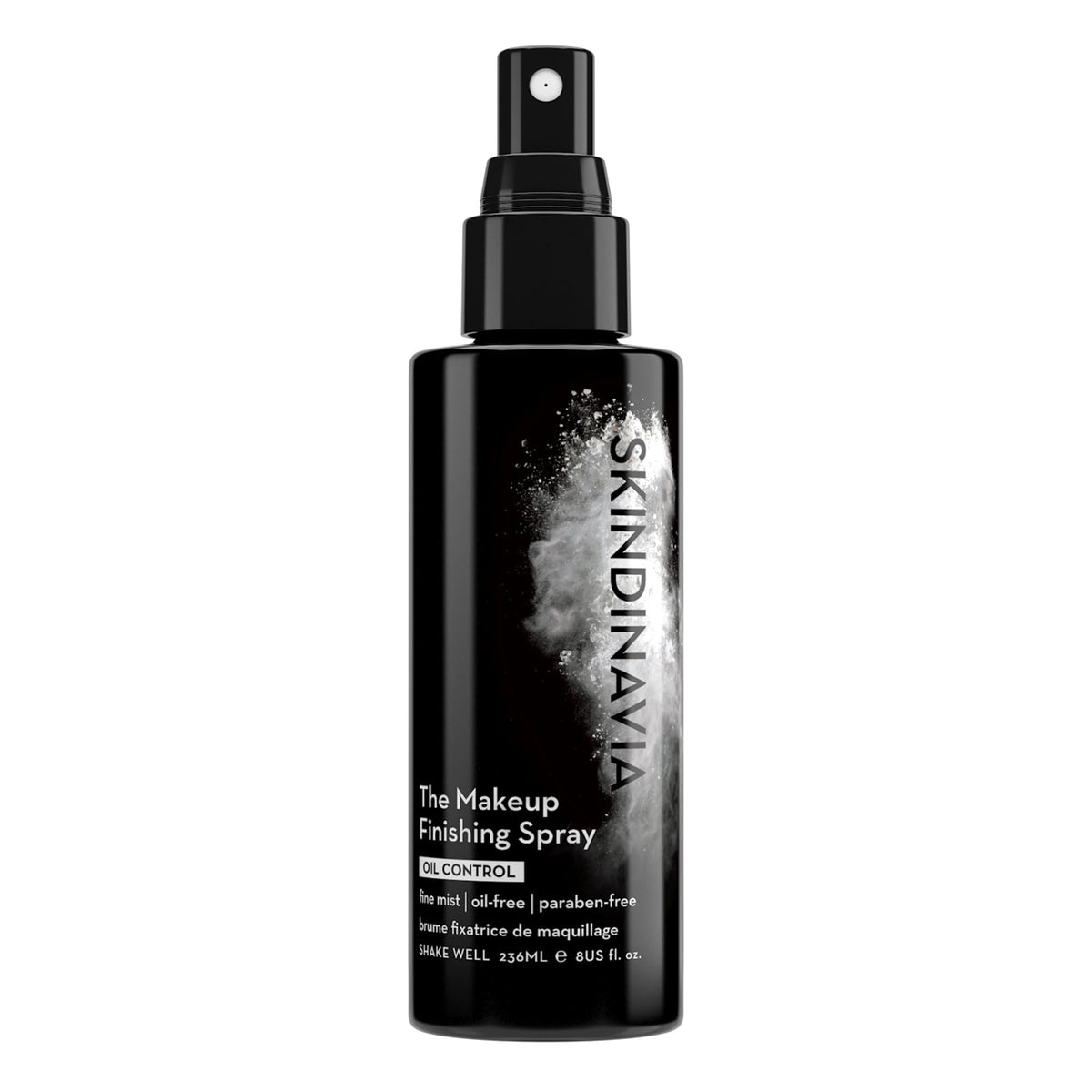 Skindinavia makeup finishing spray bottle showing all-day oil-control benefits.
