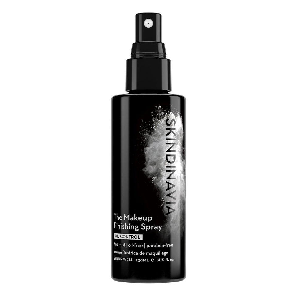 Skindinavia makeup finishing spray bottle showing all-day oil-control benefits.