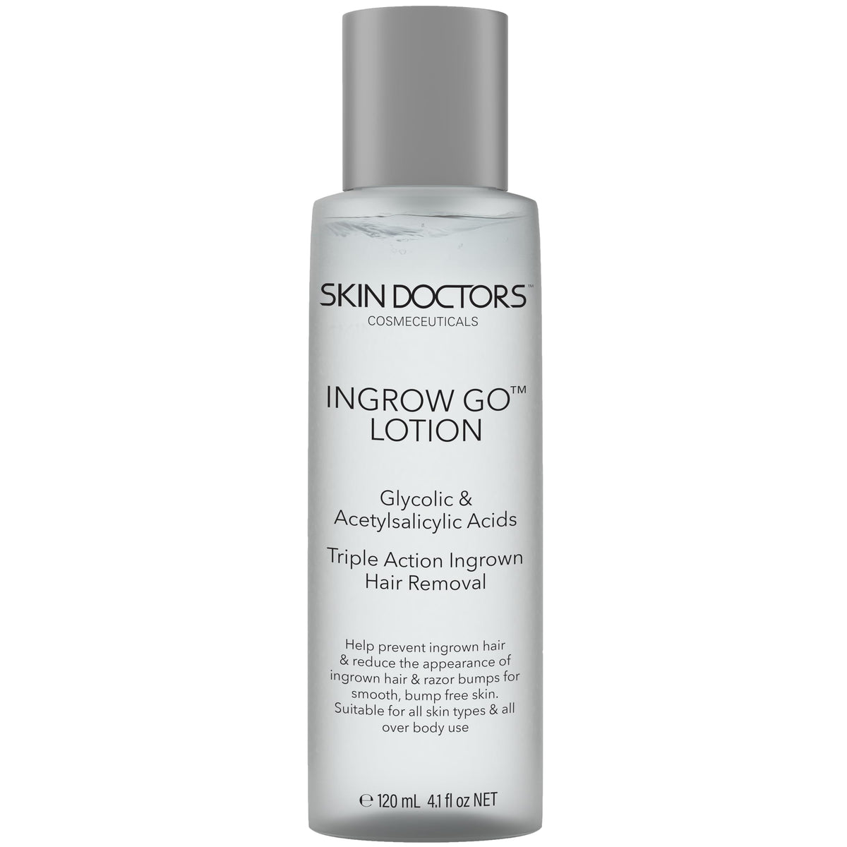 Skin Doctors Ingrow Go bottle beside skin visualizes real-life usage scenario.