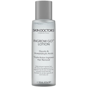 Skin Doctors Ingrow Go bottle beside skin visualizes real-life usage scenario.