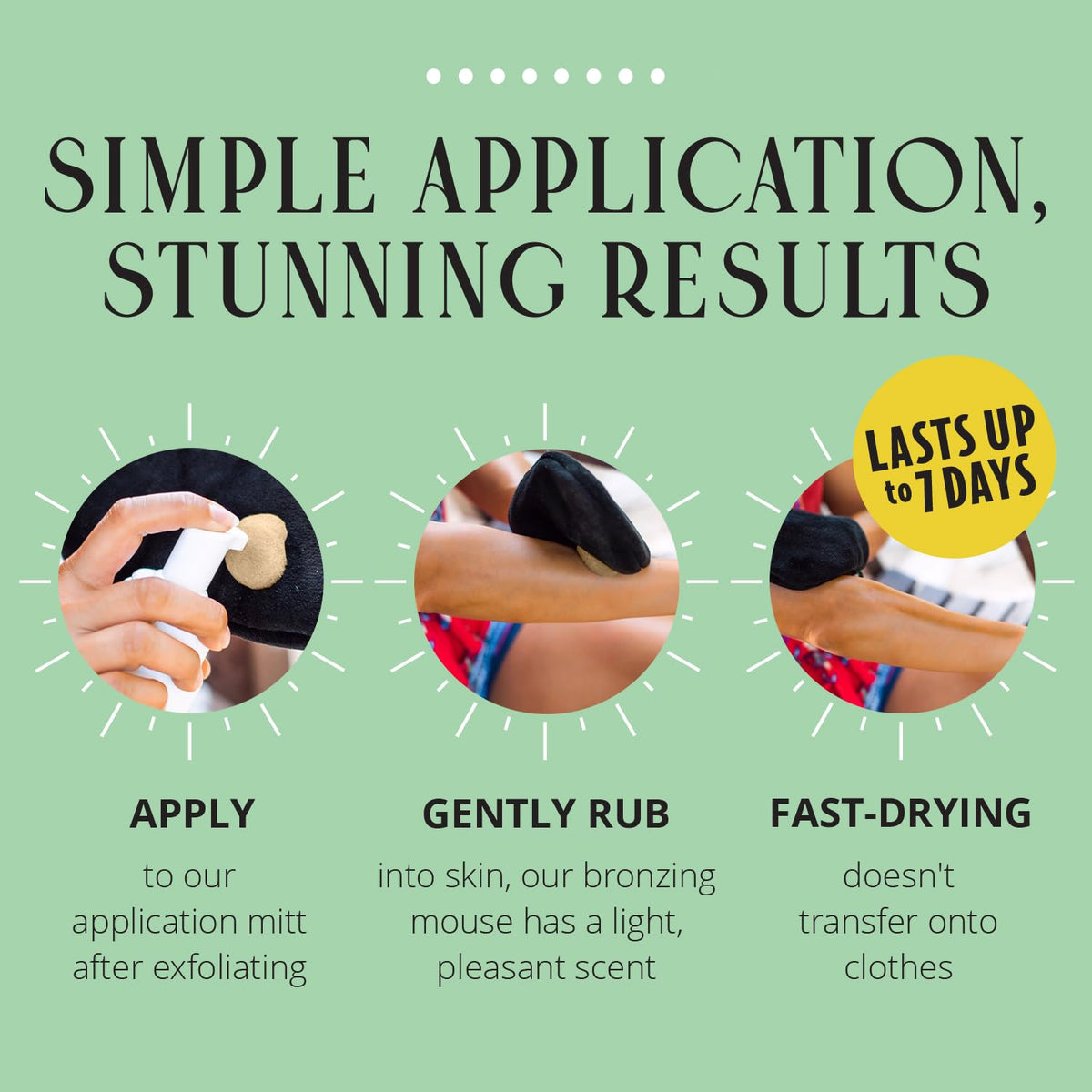 Skinerals body tanning application demonstrates full-body glow for sunless tan.