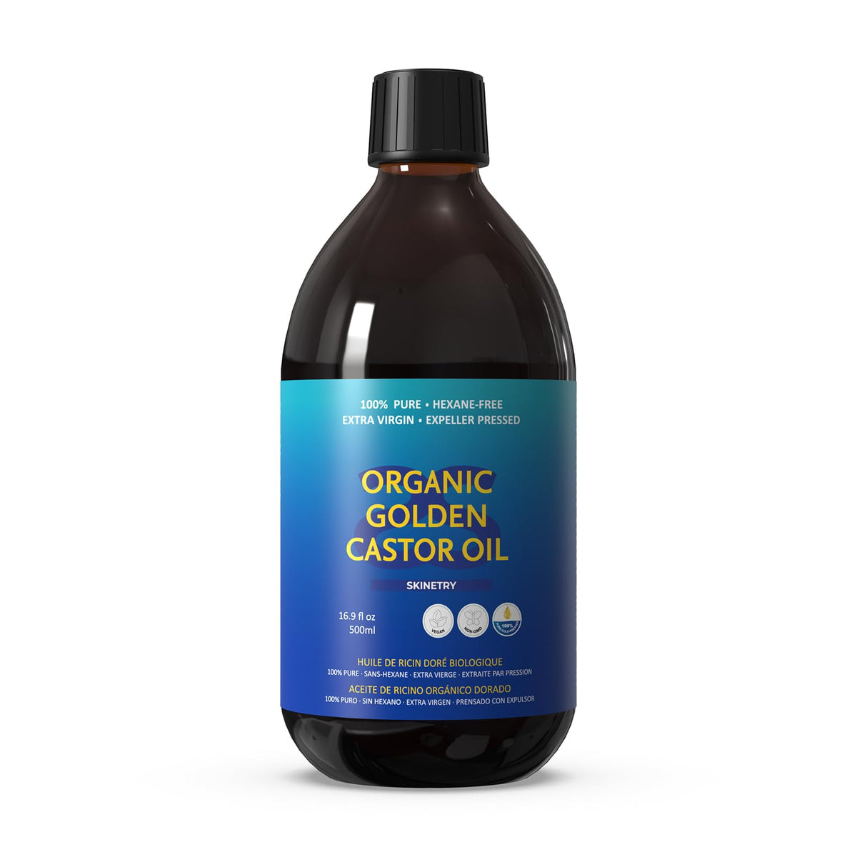 Skinetry Organic Golden Castor Oil bottle close-up highlighting purity and hydration