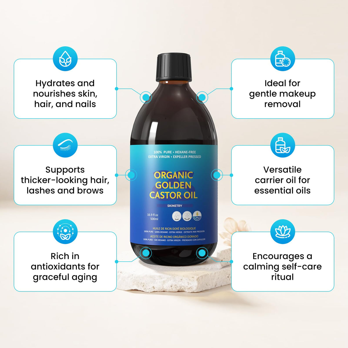 Skinetry Castor oil pour showcasing hexane-free formula for clean beauty
