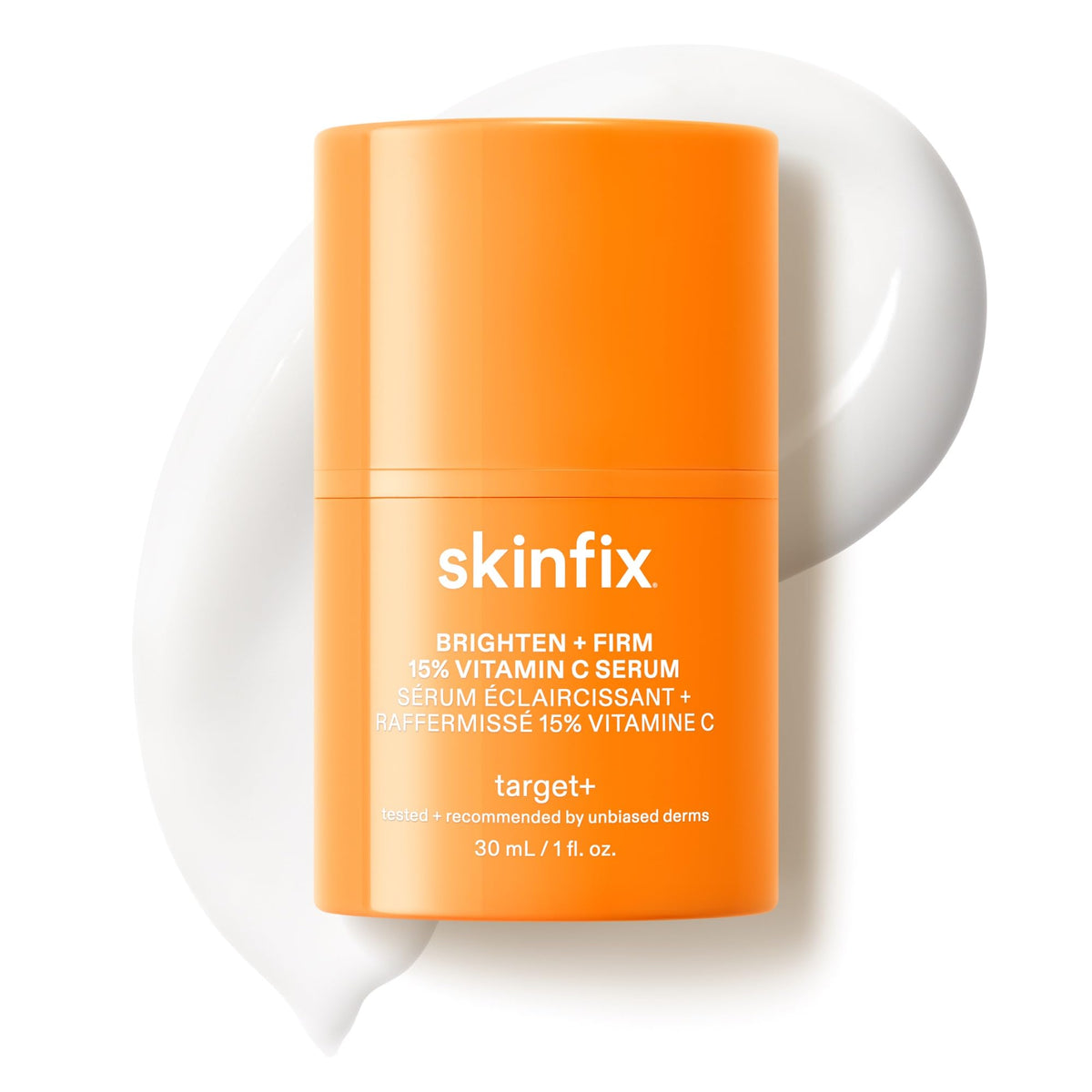Skinfix Brighten and Firm Serum bottle pump shows easy daily application for radiant skin.