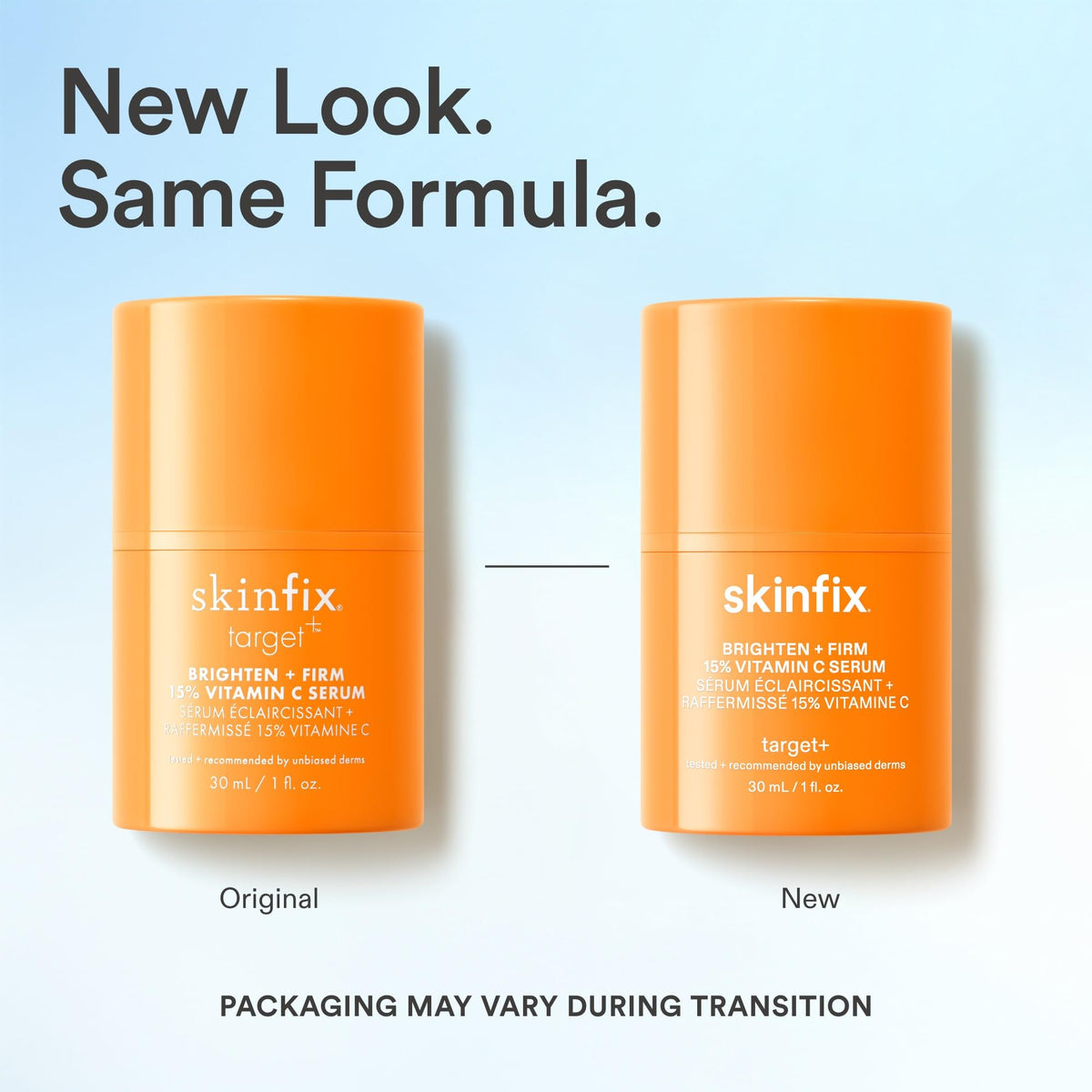 Skinfix Brighten and Firm Serum packaging closeup emphasizes premium fragrance-free formulation.