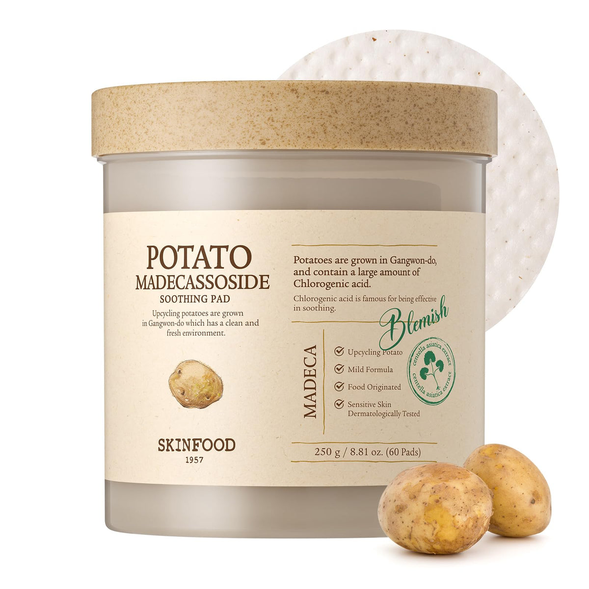 SKINFOOD 1957 Potato Madecassoside toner pad on face showing soothing action for barrier support