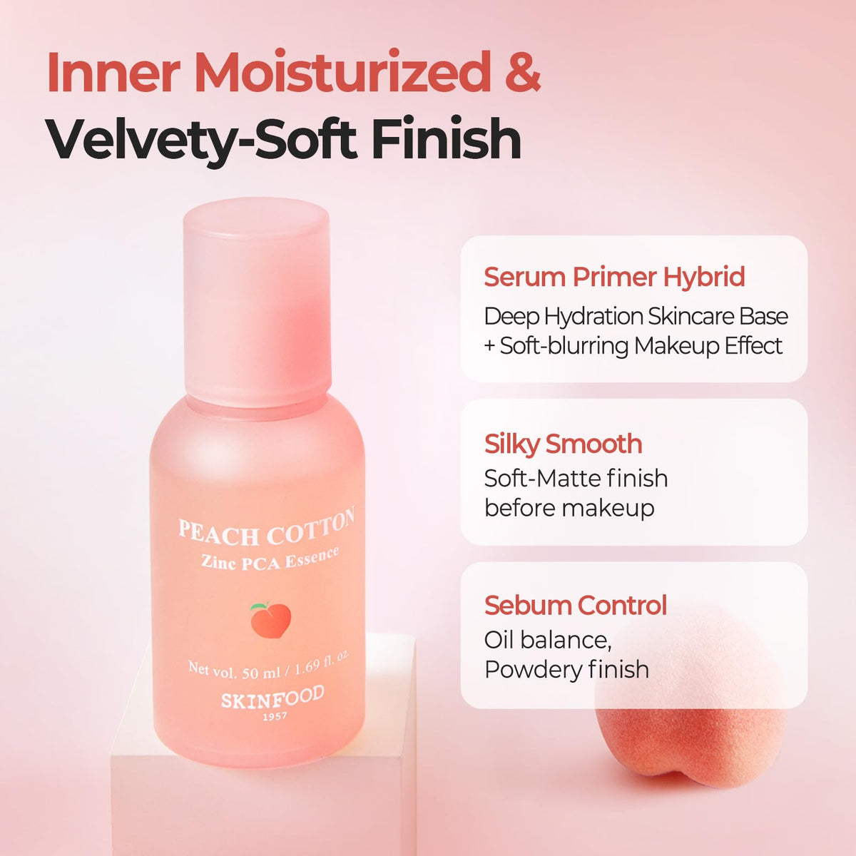 Closeup of SKINFOOD Peach Cotton Zinc PCA Primer blurring finish